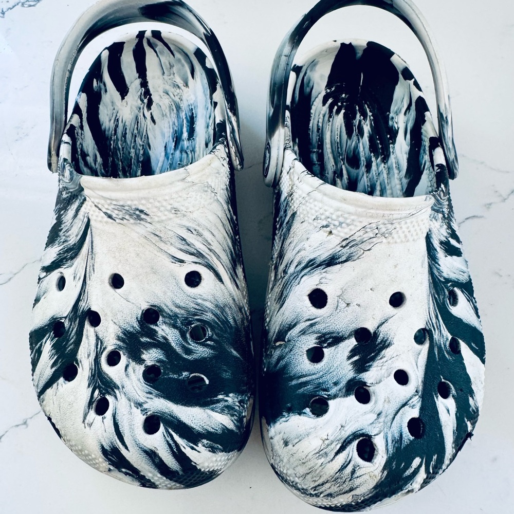 Kids Black and White marbled Crocs